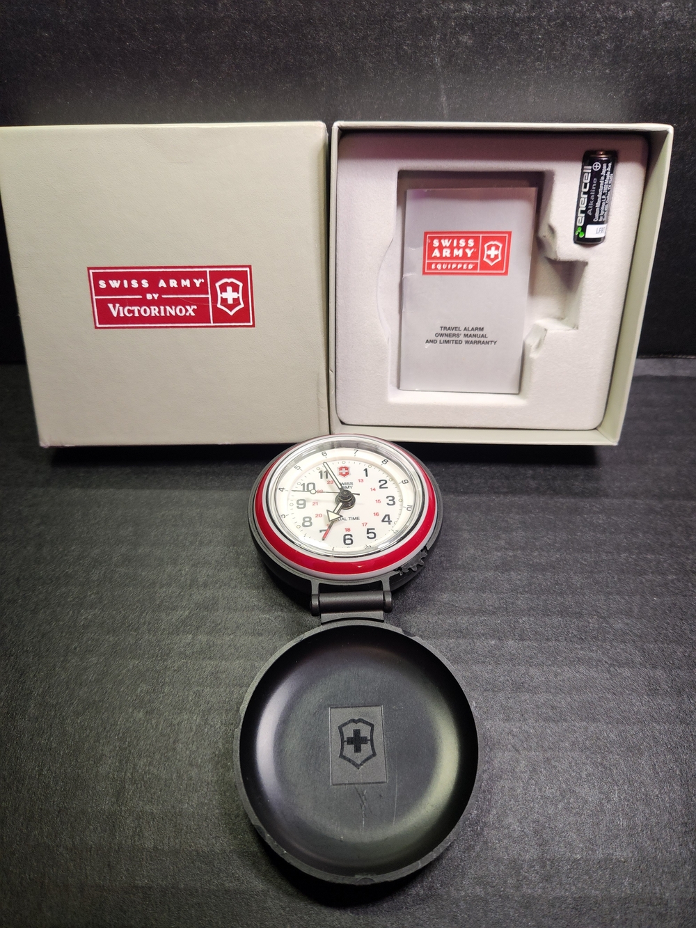 Victorinox Swiss Army Pocket Travel Alarm Clock - White with Red Accents